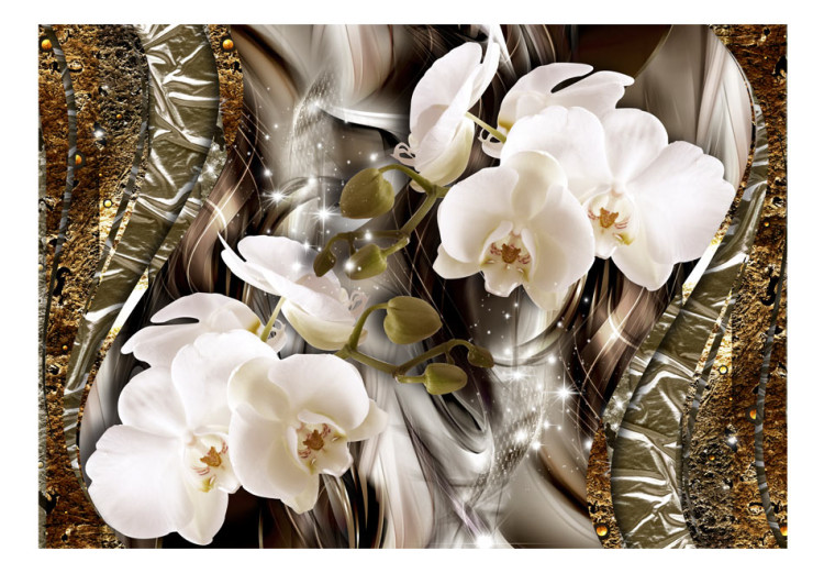 Fototapet Vita orkidéer - blommor på en glänsande guld-silvermönster 64376 additionalImage 1