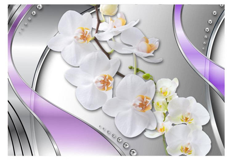 Fototapet Orkidéer i lila - modern blomabstraktion på silverbakgrund 60296 additionalImage 1