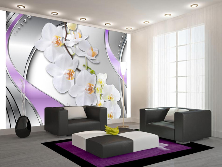Fototapet Orkidéer i lila - modern blomabstraktion på silverbakgrund 60296