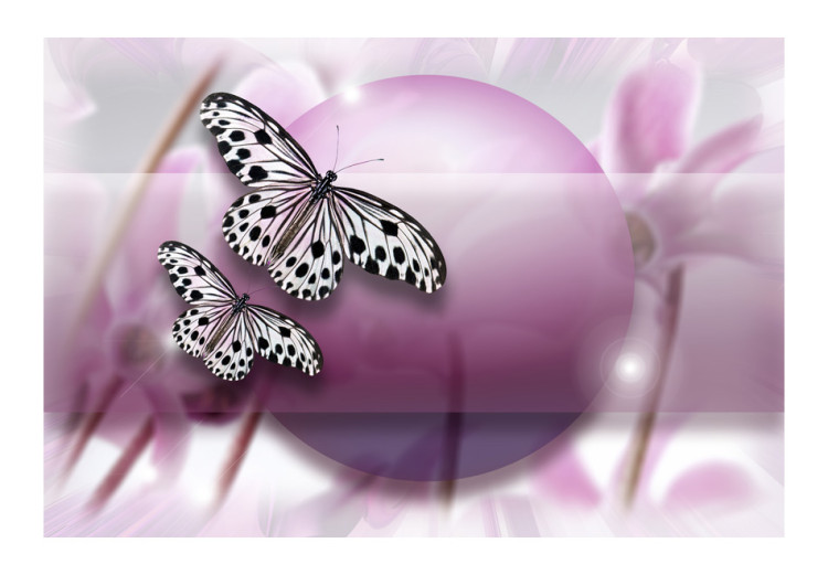 Fototapet Fjärilsplaneten - vita fjärilar i prickar på suddig bakgrund och blommor 61296 additionalImage 1