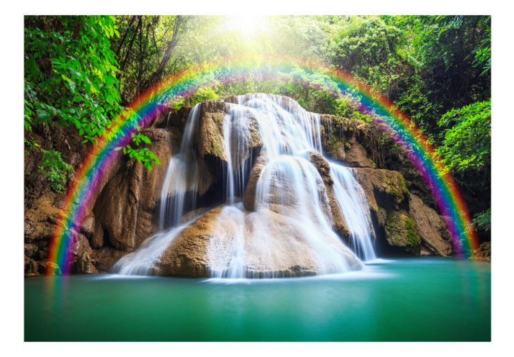 Fototapet Naturfrid - landskap med stenig vattenfall och flod i skogen med en regnbåge 64607 additionalImage 1