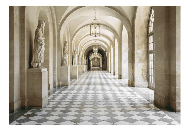 Fototapet Arkitektur - korridor med schackrutig golv, fönster och skulpturer 64517 additionalImage 1