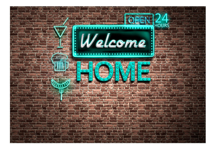 Fototapet Welcome home - neoninspirerad text med ikoner på en brun tegel 60887 additionalImage 1