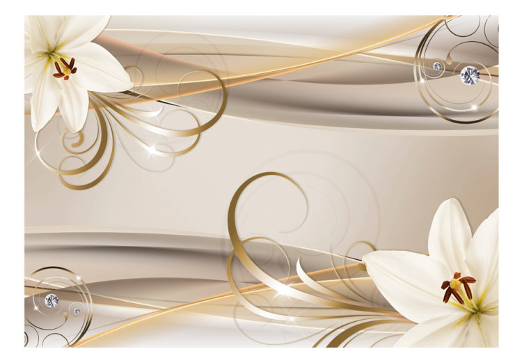 Fototapet Glamourkomposition - vita liljor med guldiga spiraler på en beige bakgrund 62097 additionalImage 1