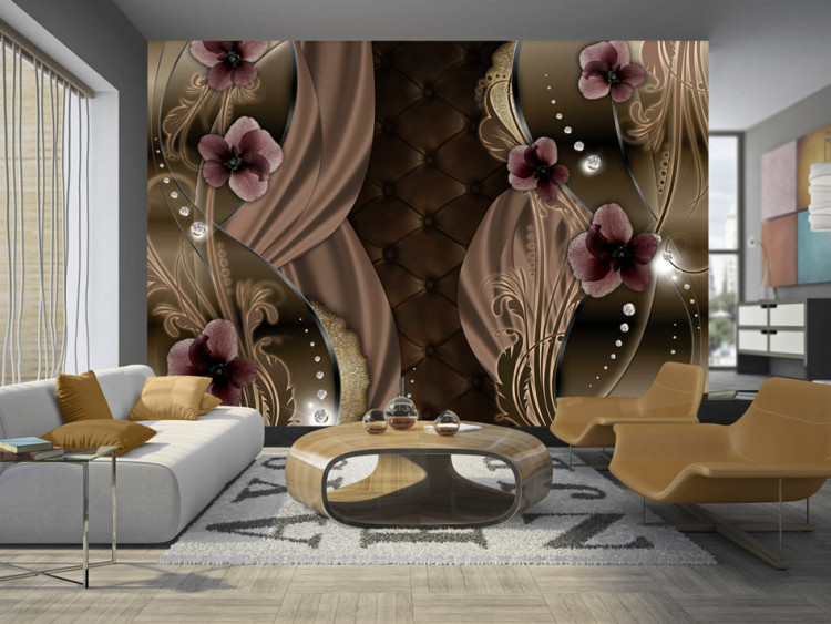 Fototapet Burgundy brus - abstraktion med blommor på en bakgrund med quiltning och pärlor 60808