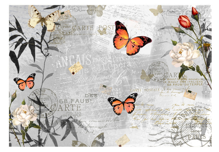 Fototapet Postkort med natur - fjärilar på en grå-vit bakgrund med text och blommor 61308 additionalImage 1