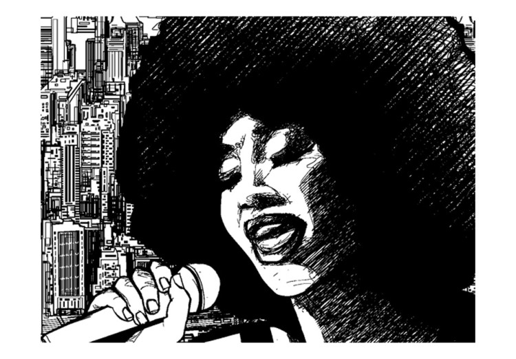 Fototapet Jazzsångerska - svartvit kvinna som sjunger i en stadsmiljö 61118 additionalImage 1