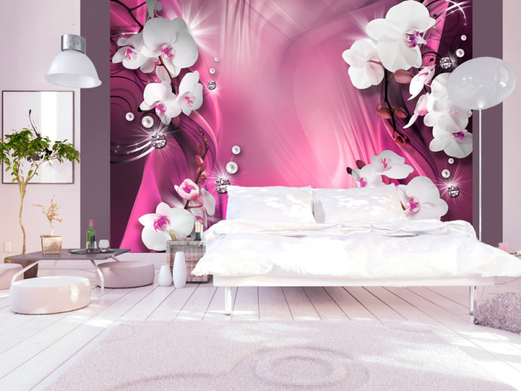 Fototapet Rosa komposition - vita orkidéer och pärlor på en rosa bakgrund med mönster 61928