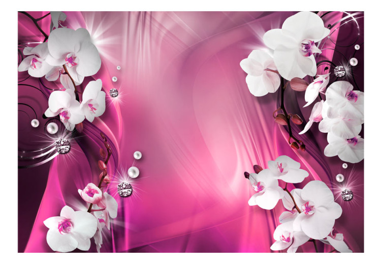 Fototapet Rosa komposition - vita orkidéer och pärlor på en rosa bakgrund med mönster 61928 additionalImage 1