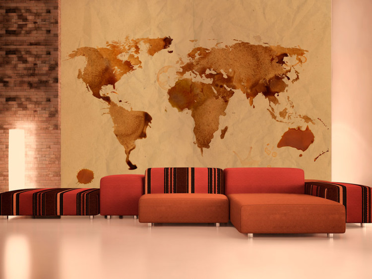 Fototapet Kaffets värld - abstrakt världskarta med fläckar på sandig bakgrund 59948
