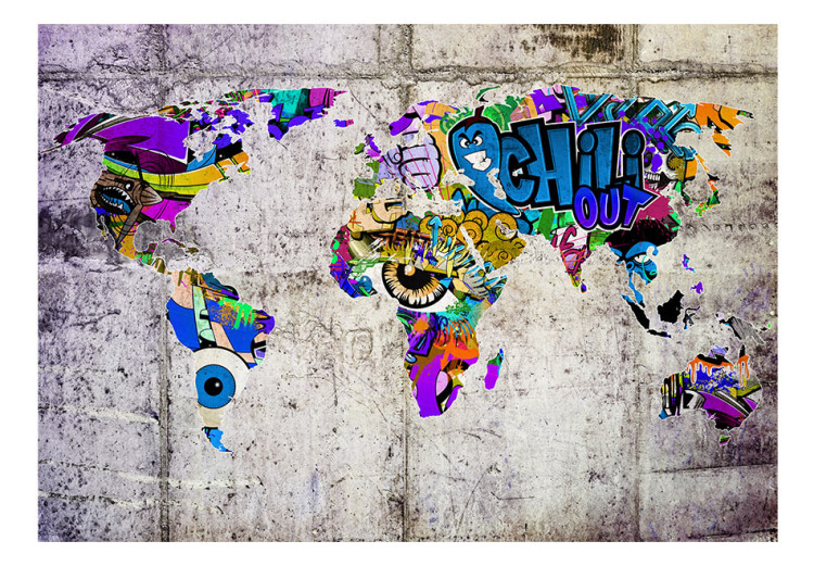 Fototapet Färgrik värld - graffiti-stil världskarta på grå betongbakgrund 63848 additionalImage 1