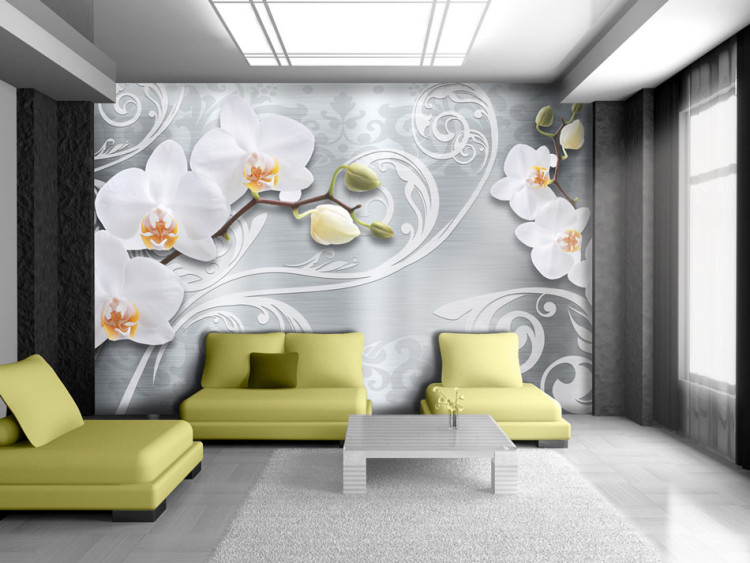 Fototapet Abstraktion - blommor av orkidéer på silverbakgrund med fantasielement 60268