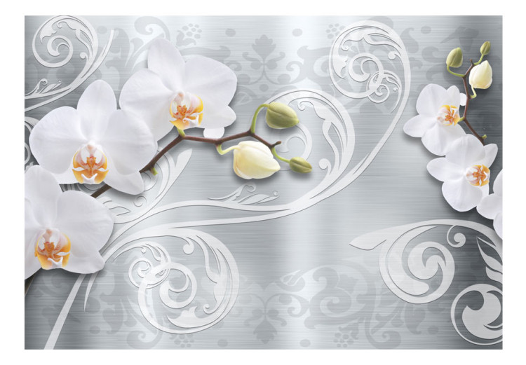 Fototapet Abstraktion - blommor av orkidéer på silverbakgrund med fantasielement 60268 additionalImage 1