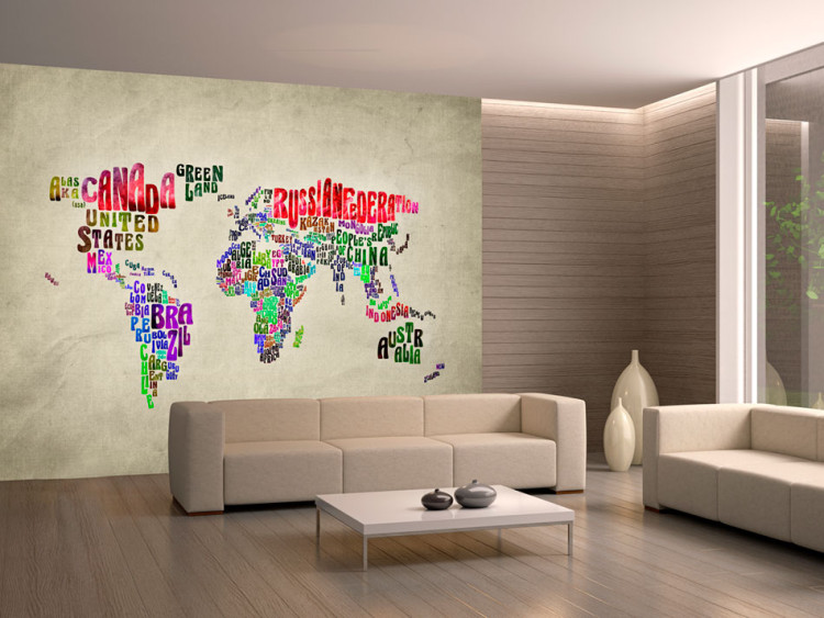 Fototapet Mångfärgade kontinenter - världskarta med texter på engelska 59978