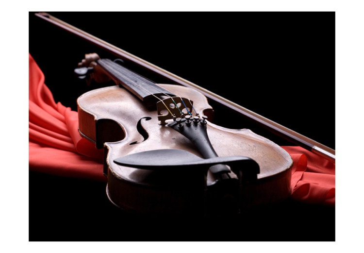 Fototapet Klassisk musik - fioler ligger på en röd scarf mot svart bakgrund 61378 additionalImage 1
