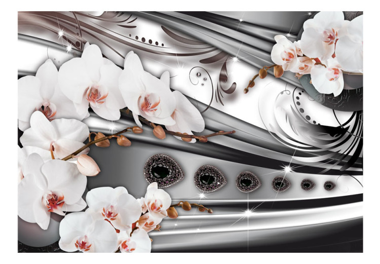 Fototapet Silverabstraktion - vita orkidéblommor med mönster och smycken 61788 additionalImage 1