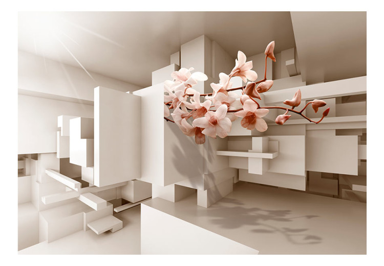 Fototapet 3D-illusion med blomma - rosa orkidé i geometrisk rymd 71188 additionalImage 1