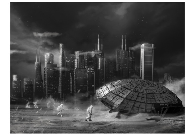 Fototapet Rymden - science fiction-landskap med skyskrapor och ett rymdskepp 60598 additionalImage 1