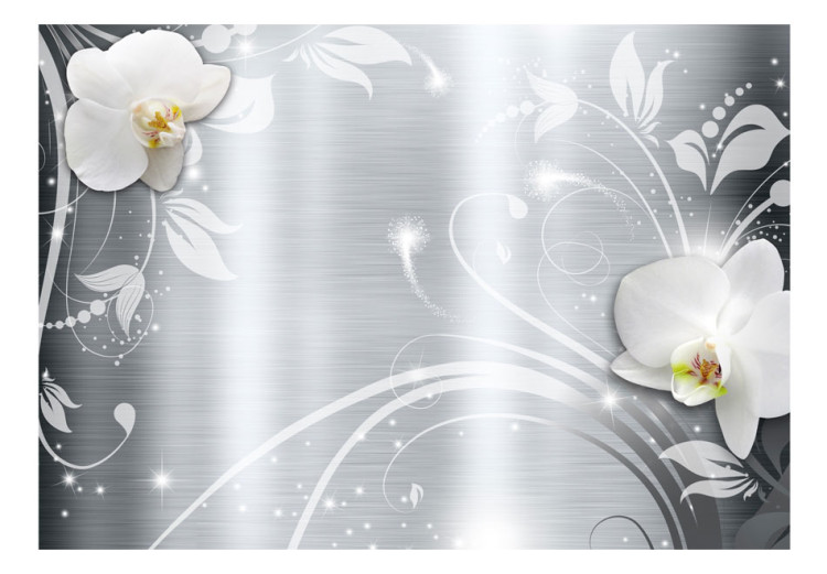 Fototapet Orkidéer på stål - abstraktion med vita blommor på en stålinspirerad bakgrund 60798 additionalImage 1