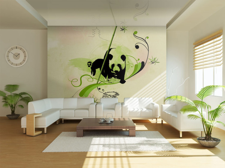 Fototapet Asiatisk abstraktion - panda med bambu på en beigemönstrad bakgrund 61329