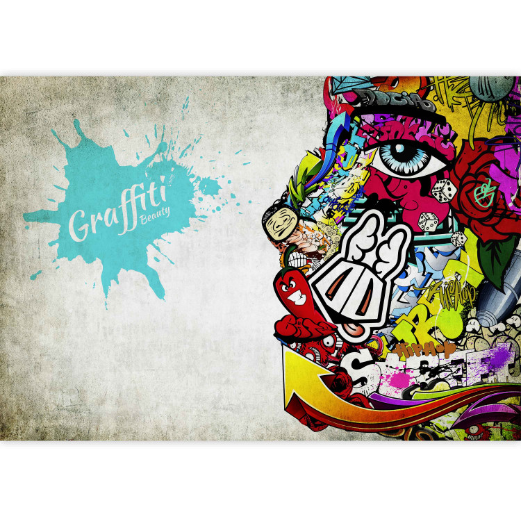Fototapet Graffiti skönhet - mural i street art-stil med en färgstark ansikte i mönster 60559 additionalImage 3