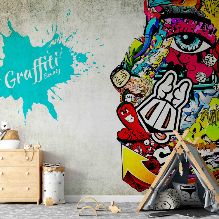 Fototapet Graffiti skönhet - mural i street art-stil med en färgstark ansikte i mönster 60559 additionalImage 6