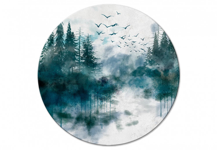 Rund tavla Watercolor View - Coniferous Forest Misty Landscape With Birds 148669