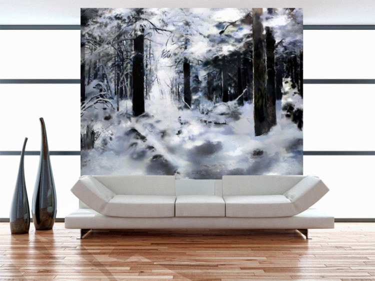 Fototapet Vinterskog - skoglandskap med träd i snö i dämpade färger 60269