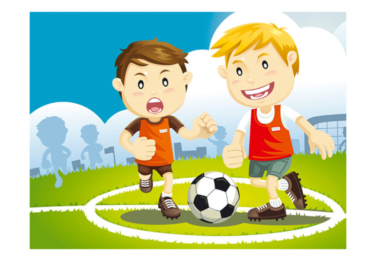 Fototapet Fotbollsspelare - pojkar som spelar fotboll på grön plan för barn 61189 additionalImage 1