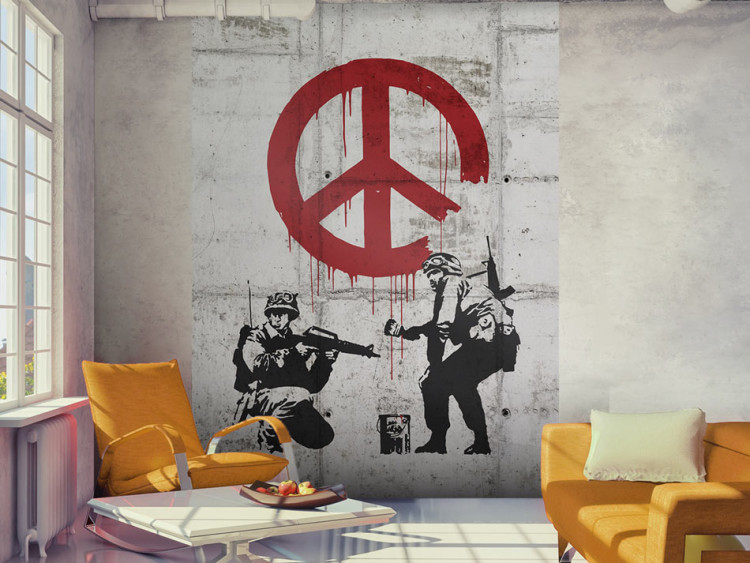 Fototapet CND-soldater - grått graffiti-målning av Banksy med soldater och en fredsduva 62289